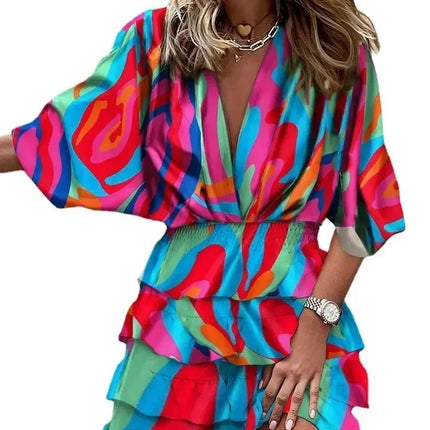 Women Fall V-Neck Loose Batwing Hafl Sleeve Print Dress Fashion Elegant Lace-up Ruffle Beach Mini Dresses Casual Streetwear 2024