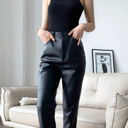 Loose Pockets Women PU Leather Trousers High Waist Single Button Ladies Straight Pants