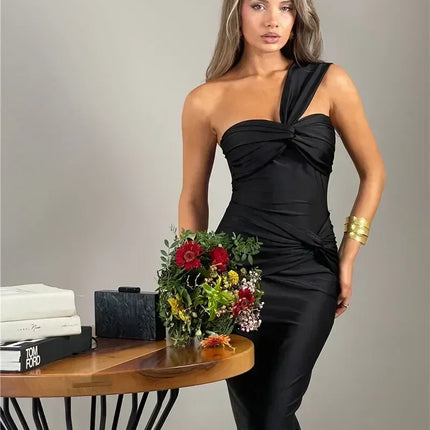 Mozision Strapless Backless Sexy Maxi Dress For Women Fashion One Shoulder Sleeveless Bodycon Club Party Long Dress Elegant