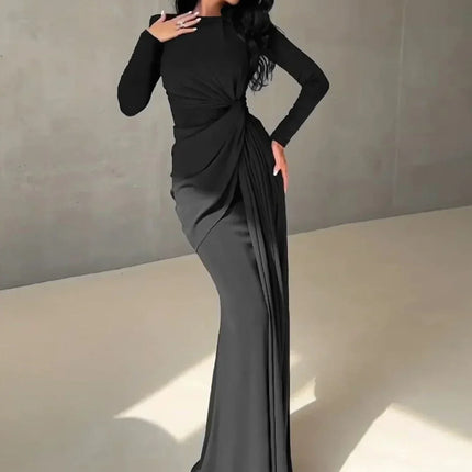 Dulzura Long Sleeves Shoulder Pad Ruched Maxi Dress Solid Elegant Prom Evening Party Long Dress Women’S Autumn Winter Outfit