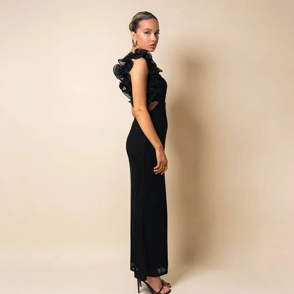 Articat Elegant Sleeveless Slant Shoulder Flower Dress Women Spring/Summer 2025 Sexy Mesh Wrap Hip Dress Party Evening Dress