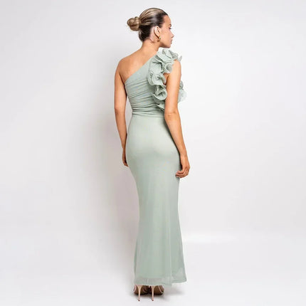 Articat Elegant Sleeveless Slant Shoulder Flower Dress Women Spring/Summer 2025 Sexy Mesh Wrap Hip Dress Party Evening Dress