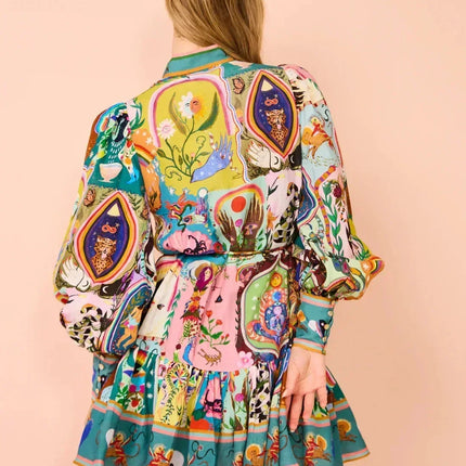 2025 printed round neck cinched waist strap pleated ruffle edge retro pleated dress cardigan temperament versatile dress