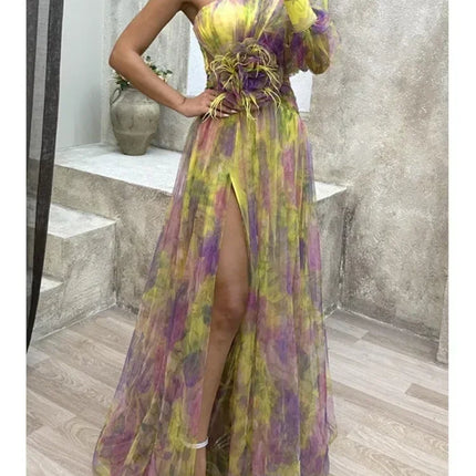 Elegant Oblique Shoulder Single-sleeve  Zipper High Slit Mesh Long Dress For Women Fashion Flower Decoration Party Dress Female