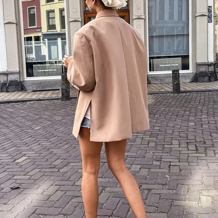 Women's V-Neck Side-Buttoned Suit Jacket Long Sleeve Solid Color Coats Pocket Cuffs Oversize Tops High Street Female Clothes