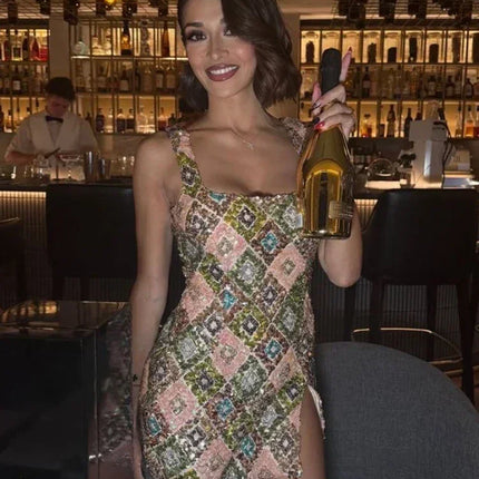 Colorful Rhombus Sequins Sexy Mini Dress Elegant Chic Straps Slit Bodycon Party Dresses Summer Holidays Evening Women Dress 2025