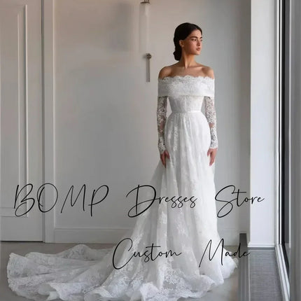 BOMP Elegant Lace Wedding Dress Sweetheart Off Shoulder Full Sleeves Sweep Train Ivory Bridal Gown Customized Robe De Mariée