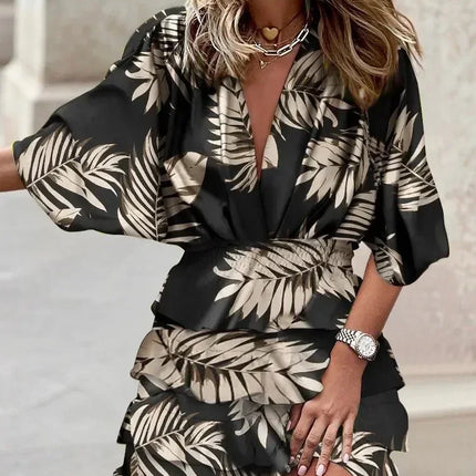 Women Fall V-Neck Loose Batwing Hafl Sleeve Print Dress Fashion Elegant Lace-up Ruffle Beach Mini Dresses Casual Streetwear 2024