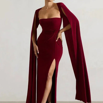 Mozision Long Cape Sleeve Split Maxi Dress For Women Gown Fashion Solid Square Collar Evening Sexy Long Dress Elegant New