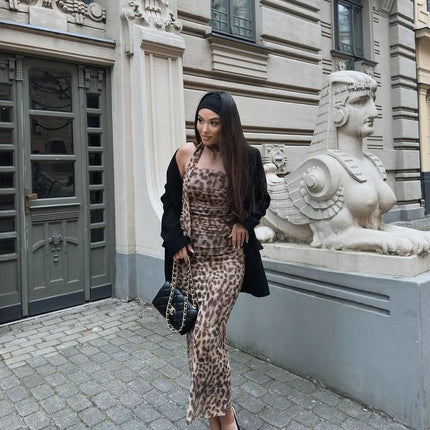 Leopard Print Wrapped Suit Backless Sleeveless Tops Skirts