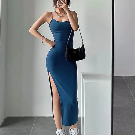 Sleeveless Spaghetti Strap Split Sheath Dress Vestidos