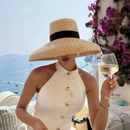 Straw summer hat French elegant ladies seaside travel sun hat Hepburn style wide brim hat  햇빛가리개 모자 모자