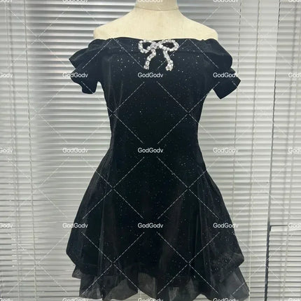 Black French Vintage Elegant Design Woman Dress Gothic Off Shoulder Retro Mini Dress Female Fairy Birthday Party Chic Outfits
