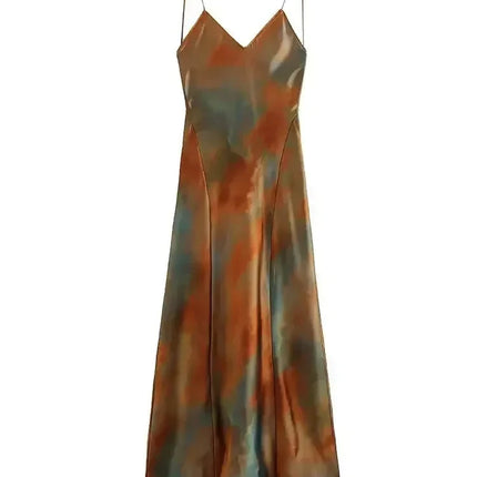 2025 Summer New Women's Open Back Sleeveless Dress Fashion Satin Mid Length Dress Printed Sexy V Neck Sling Dress