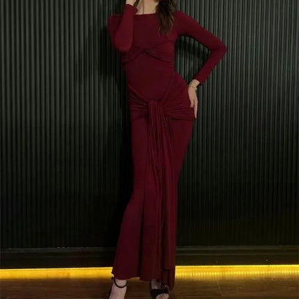 Tossy Female Pleated Sexy Maxi Dress Patchwork Twist Slim Long Sleeve Solid Y2k Autumn Streetwear Dress Women's Bodycon Dress