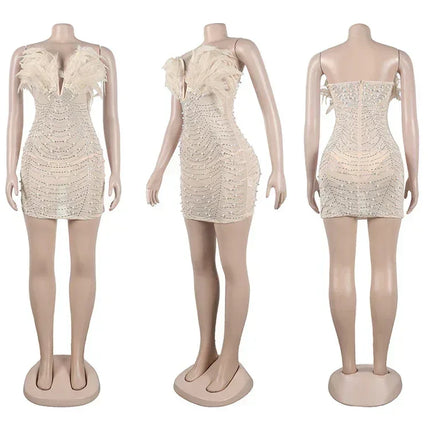 Znaiml Sexy Feathers Rhinestones Backless Diamond Sheer Mesh Bodycon Dresses for Woman Rave Club Birthday Party Night Vestidos