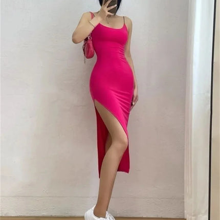 Sleeveless Spaghetti Strap Split Sheath Dress Vestidos