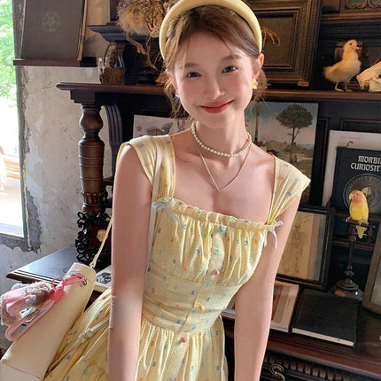 Lolita Kawaii Y2k Colorful Dot Print Dress Women Sweet Sleeveless Mini Dress Outwear One Piece Dress Korean Fashion Clothing