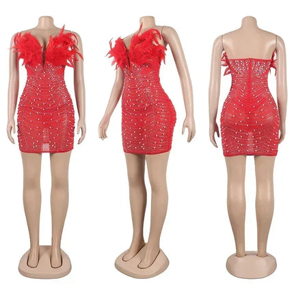 Znaiml Sexy Feathers Rhinestones Backless Diamond Sheer Mesh Bodycon Dresses for Woman Rave Club Birthday Party Night Vestidos