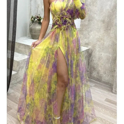 Elegant Oblique Shoulder Single-sleeve  Zipper High Slit Mesh Long Dress For Women Fashion Flower Decoration Party Dress Female