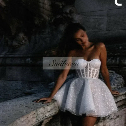 Smileven Short Wedding Dress A Line Sweetheart Neck Shiny Glitter Bride Dresses Mini Sweetheart Neck Vestido de novia Customized