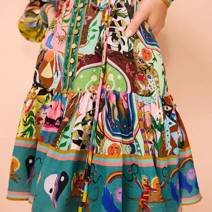 2025 printed round neck cinched waist strap pleated ruffle edge retro pleated dress cardigan temperament versatile dress