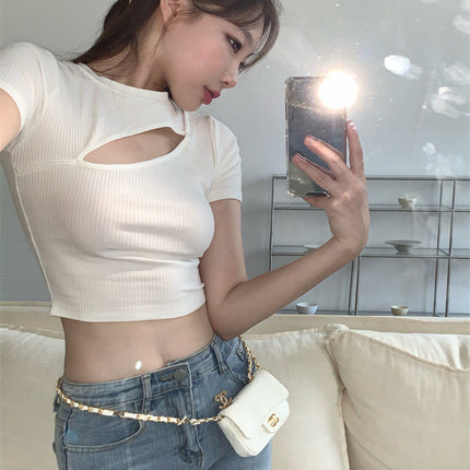 T Shirt Women Summer Hollow Crewneck Cropped Tops Irregular Tight Fitting Short Sleeve