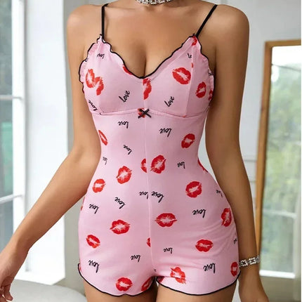 Women's Pajamas One Piece Pajamas Red Lip Printed Sleeveless Pijama Short Onesie Adults V-Neck Suspenders Funny Pajamas Bodysuit