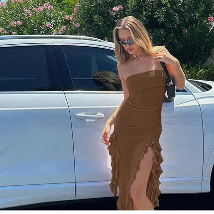 Cryptographic Irregular Ruffle Off Shoulder Sexy Backless Midi Dress for Women Elegant Birthday Vestido Summer Sundresses Ruched