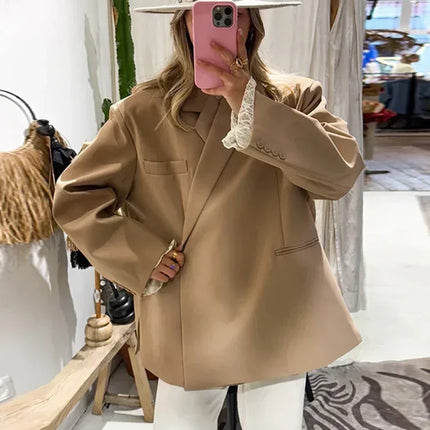 Women's V-Neck Side-Buttoned Suit Jacket Long Sleeve Solid Color Coats Pocket Cuffs Oversize Tops High Street Female Clothes