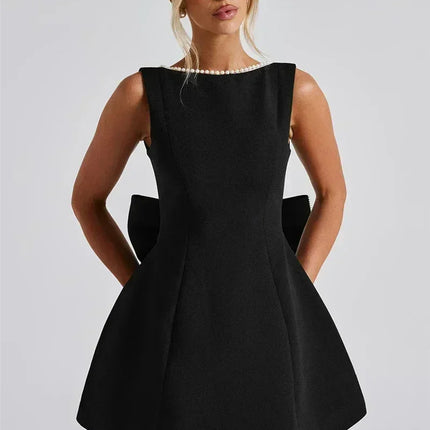 Mozision Pearl Bow Backless Sexy Mini Dress For Women Robe Fashion Zipper Sleeveless High Waist A-line Club Party Dress Elegant