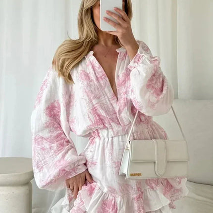 Clacive Fashion Loose Print Women's Dress 2024 Casual O-Neck Long Sleeve Mini Dresses Elegant High Waist Pleated Female Dress