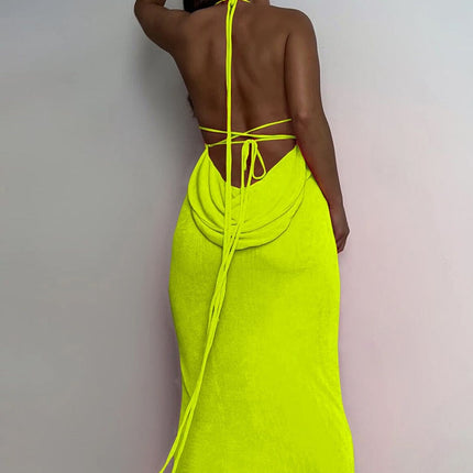 Collar Backless Sleeveless Drawstrings Hollow Out Slit Sexy Maxi Prom Dress
