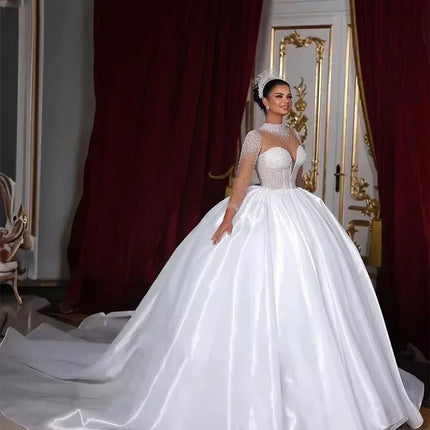 Flavinke Customized Wedding Dresses Long Sleeves High Neck Pearls Bridal Princess Ball Gown Chapel Trian Women vestidos de novia