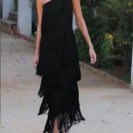 Spring and Summer New Fashion Fringed Slanted Shoulder Asymmetrical Dress for Women