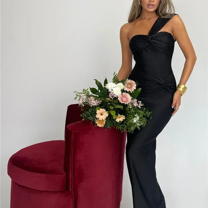 Mozision Strapless Backless Sexy Maxi Dress For Women Fashion One Shoulder Sleeveless Bodycon Club Party Long Dress Elegant
