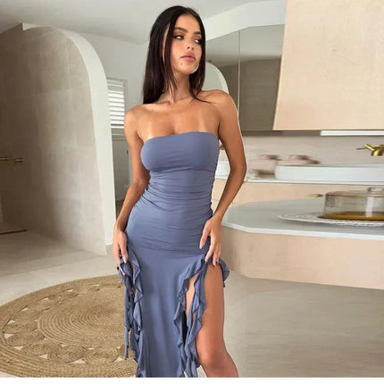 Cryptographic Irregular Ruffle Off Shoulder Sexy Backless Midi Dress for Women Elegant Birthday Vestido Summer Sundresses Ruched
