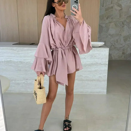 Elegant Fold Dress Women Brown Deep V-neck Long Sleeve Mini Dresses Female 2025 Spring Summer Fashion Loose Lady Vestidos