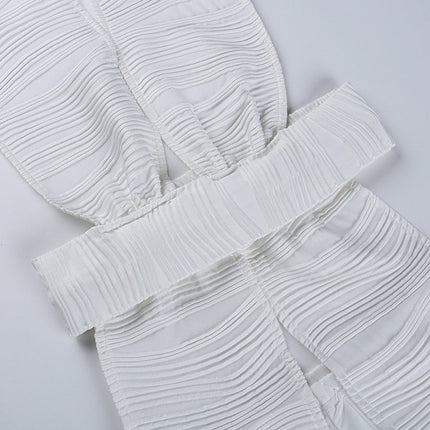 White Deep V-neck Halter Bandage 2 Pieces Sets Sleeveless Backless Suits Outfits with Shorts