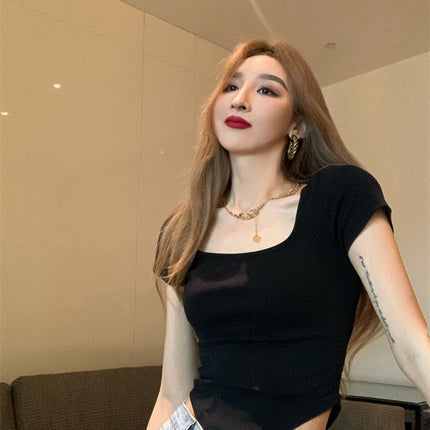 Pure Color Slim Short Sleeve Tees Women 2022 Summer Y2k Crop Fashion Sexy Blouse