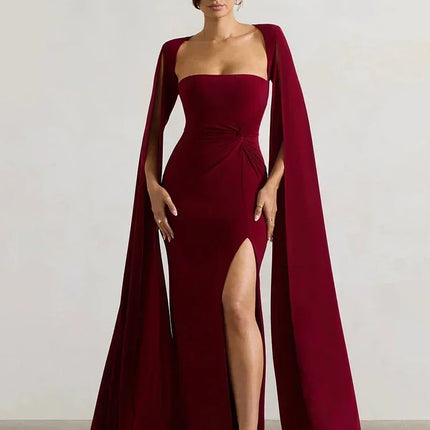 Mozision Long Cape Sleeve Split Maxi Dress For Women Gown Fashion Solid Square Collar Evening Sexy Long Dress Elegant New