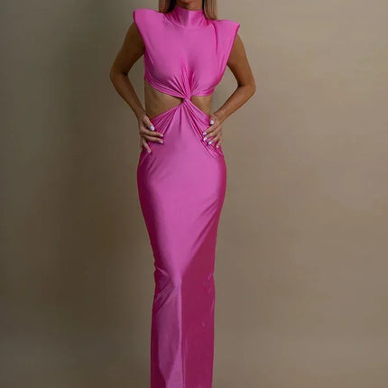 Mozision Hollow Out Turtleneck Sexy Maxi Dress For Women Fashion Solid Sleeveless Bodycon Tank Dresses Femme Club Party Dress