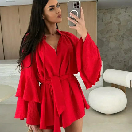 Elegant Fold Dress Women Brown Deep V-neck Long Sleeve Mini Dresses Female 2025 Spring Summer Fashion Loose Lady Vestidos