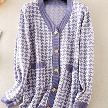 V-neck Striped Cardigans Sweaters Long Sleeve Loose Knitted Open Stitch Outwear