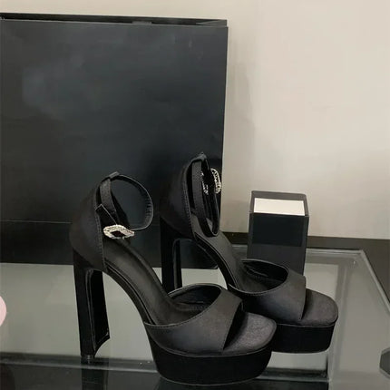 Liyke Runway Style Black High Heels Platform Sandals For Women Cozy Silk Square Toe Buckle Strap Lady Party Dress Shoes Size 40