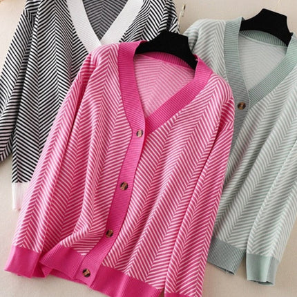 V-neck Striped Cardigans Sweaters Long Sleeve Loose Knitted Open Stitch Outwear