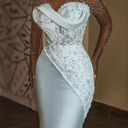 Luxury Pearls Beaded Mermaid African Wedding Dress Sheer O-neck Long Sleeves Aso Ebi Engagement Gowns Corset vestido de novia