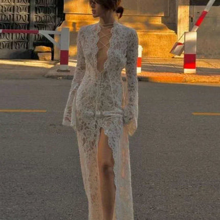 Weird Puss Embroidery Ruffles Dress Women Sexy Deep V-Neck Slits See Through Solid Tassel Petal Cuffs Street Elegance Vestidos