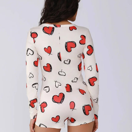 Ladies one-piece bodysuit sexy hot girl pajamas heart digital print short-sleeved set shorts home wear