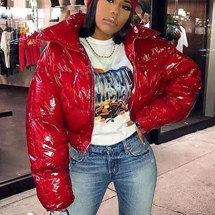 Faux PU Leather Y2K Bubble Puffer Winter Warm Jacket Women Long Sleeve Coats